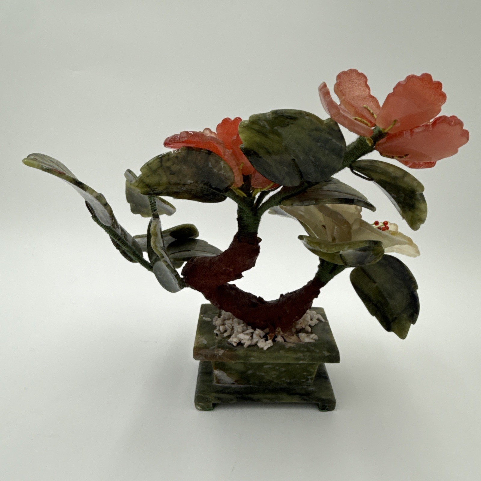 Vintage Chinese Jade Quartz Bonsai Tree Floral In Celadon Pot Carved Flower Tree