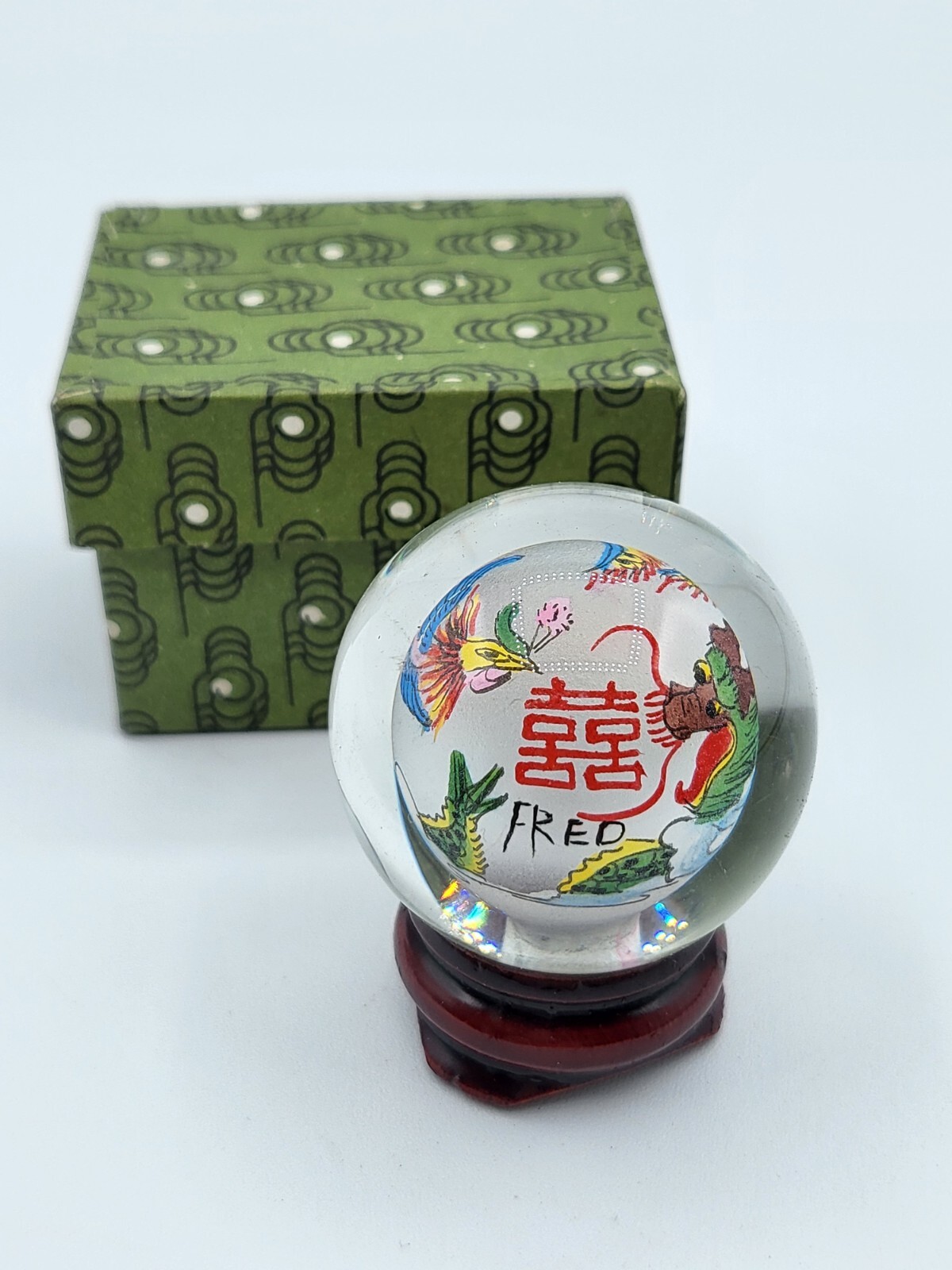 Vintage Miniature Souvenir Chinese Dragon Inner Painted Glass Ball Orb for Fred