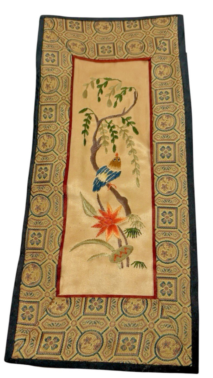 Vintage 100% Silk Embroidered Art Panel Bird in Tree w/Flowers Dun Huang Beijing
