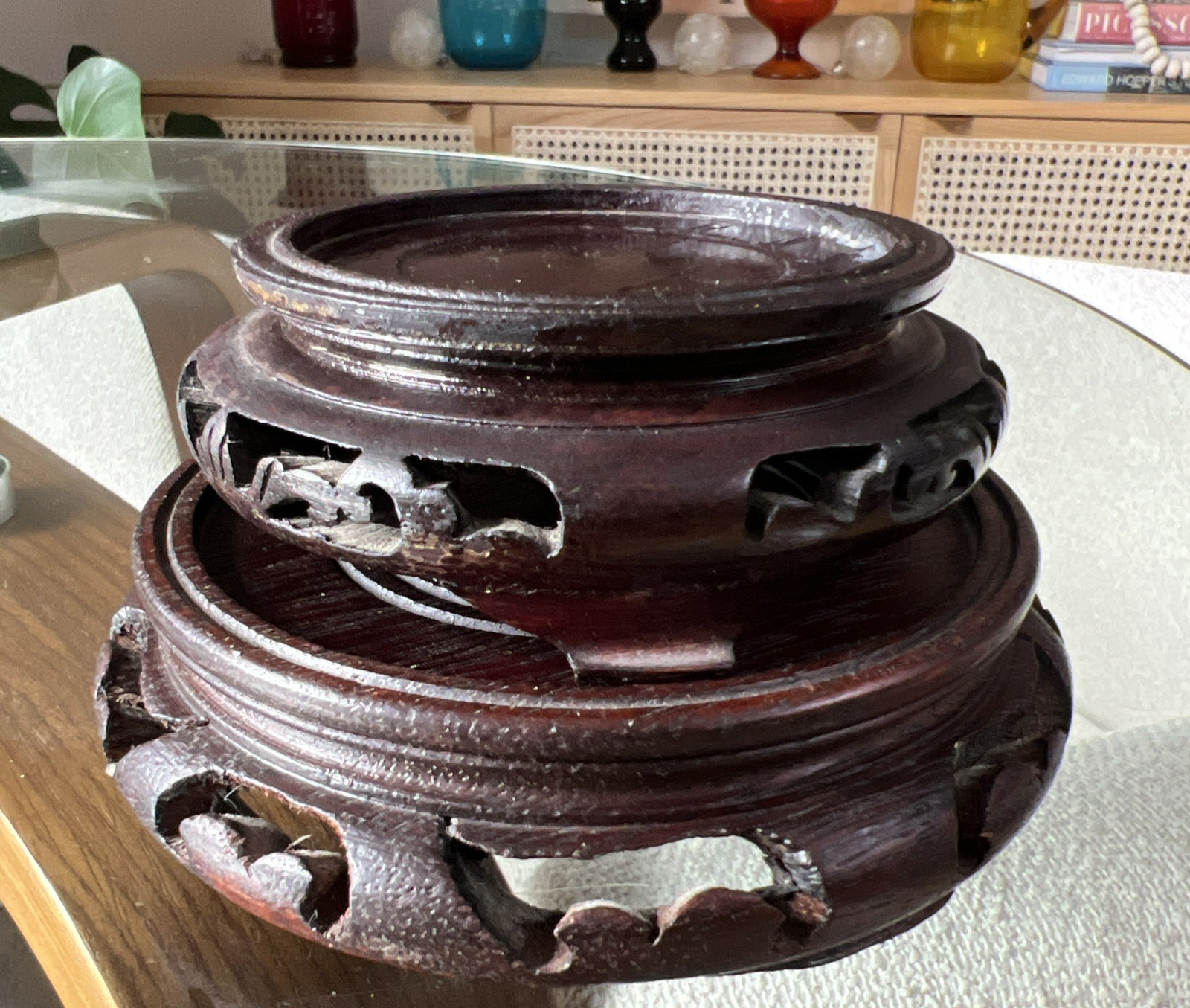 TWO Wood Display Stands 4″ + 5″ Asian Hardwood Pedestal Carved Ebonized Pair