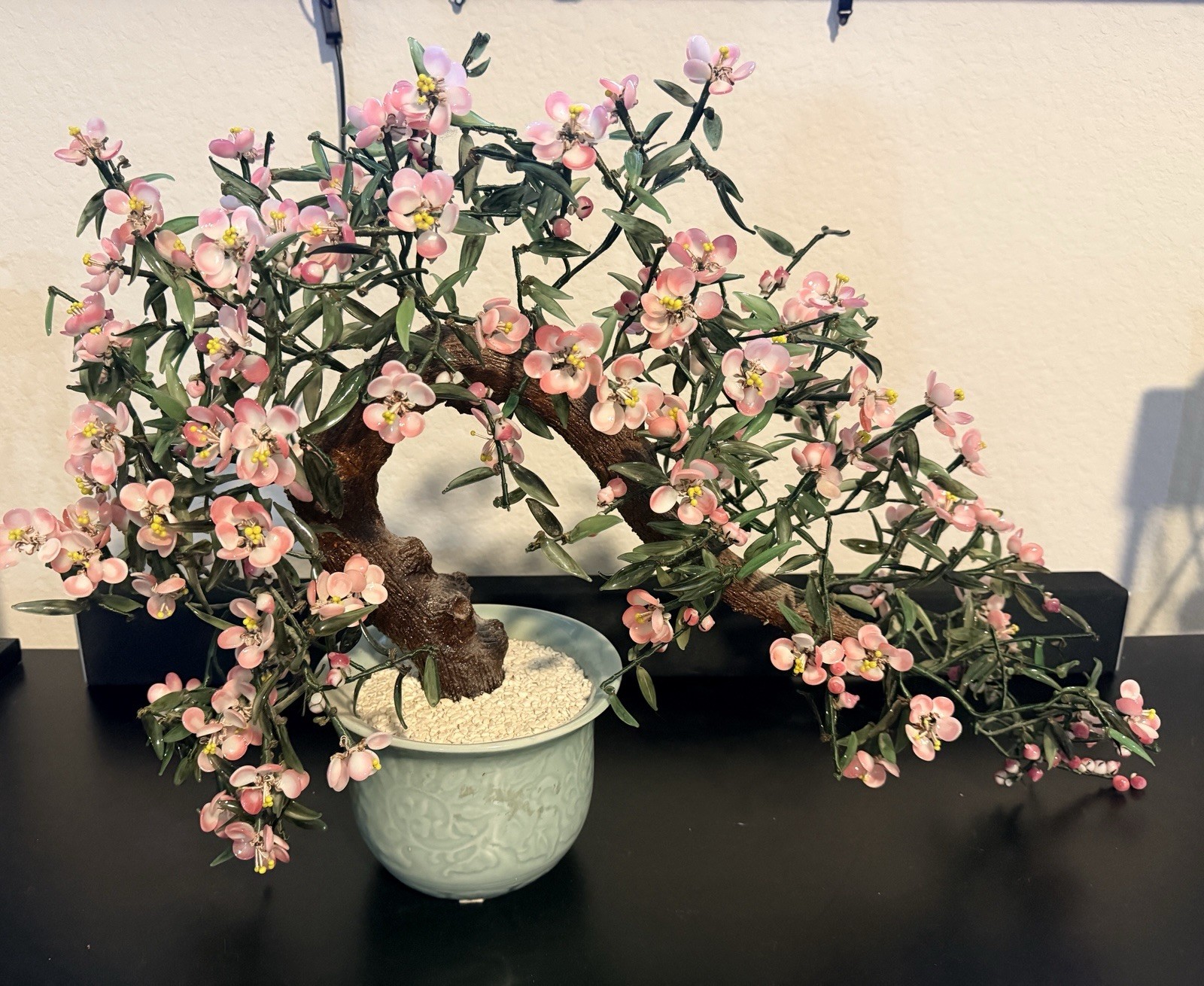 Vintage Chinese Jade Glass Quartz Bonsai Tree Celadon 20” X 30” CHERRY Blossoms