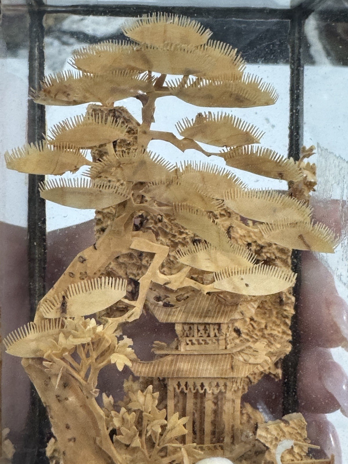 Vtg Miniature Chinese Carved Cork Diorama Art Glass Shadow Box Cranes Pagoda 3D