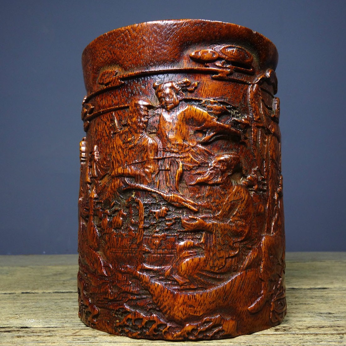 Vintage Rosewood Brush Pot, Hand-Carved Eight Immortals, 14.5cm