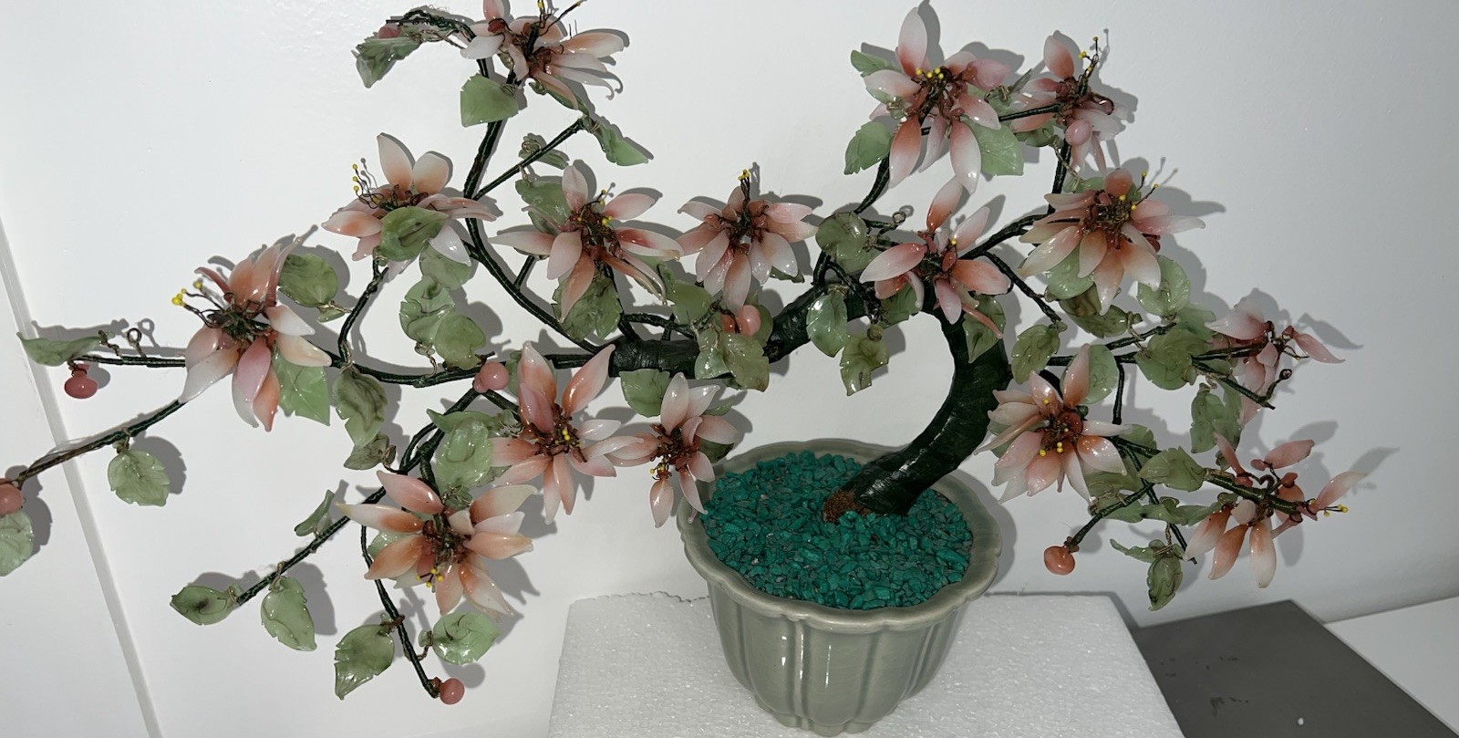 (…-6)Jade Like Flower Pink Glass Asian Bonsai Tree Leaves Missing And Damage.