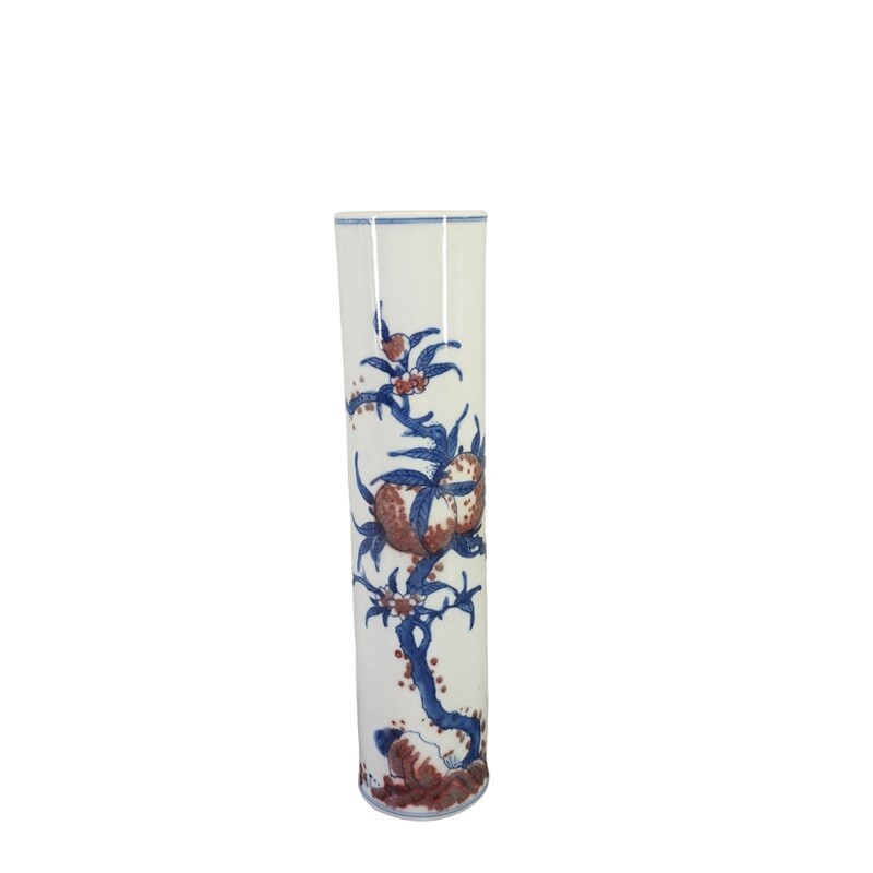 9.2″China Qing Blue White Porcelain Red Glaze Longevity Peach Bat Incense Tube