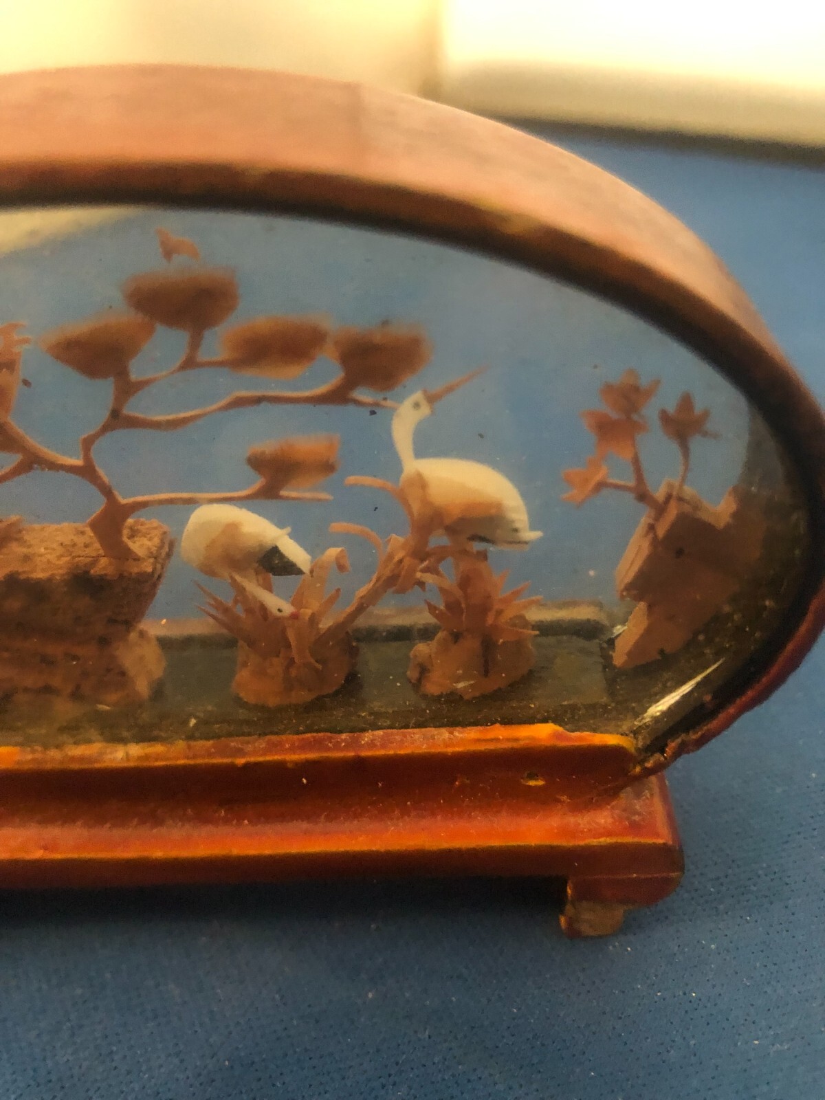 Vintage Chinese Cork Carving Diorama Oval Frame Cranes and Trees 2.75″ Tall