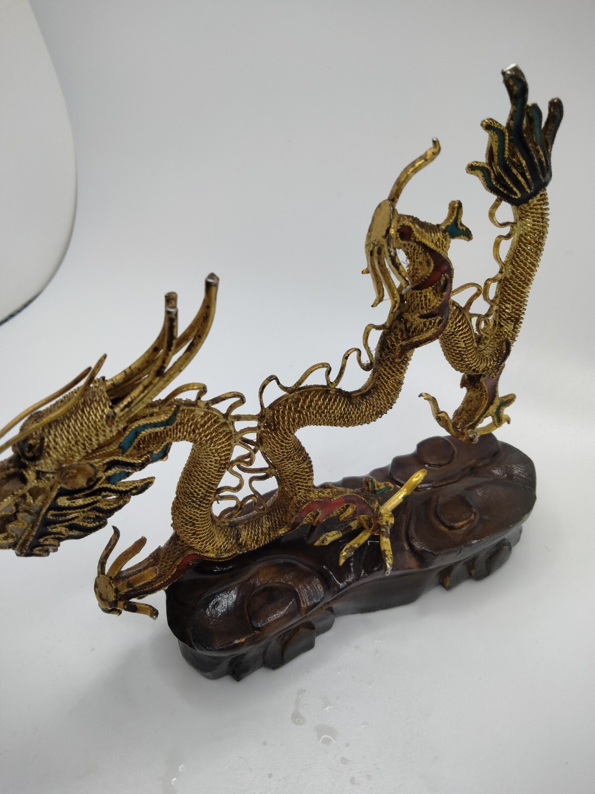 Chinese Brass Figurine Dragon on Wooden Stand 4.5″ x 4.5″ Green, Red, and Gold