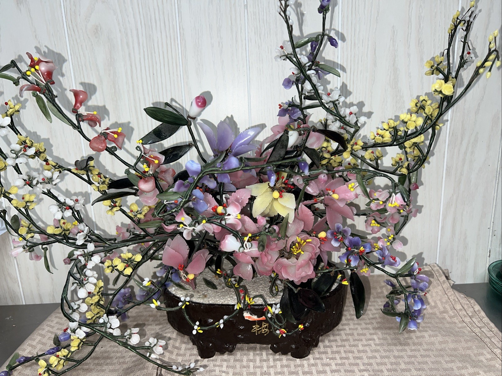 Vtg Jade Bonsai Flower Tree Pot Green Pink Quartz Glass Plant Large China