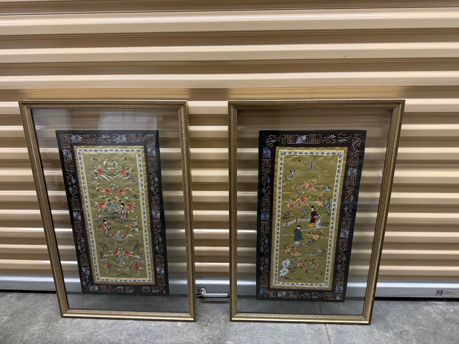 Vintage 1960s Set of 2 Chinese Silk Hand Embroidered Tapestry in Frame-Dun Huang