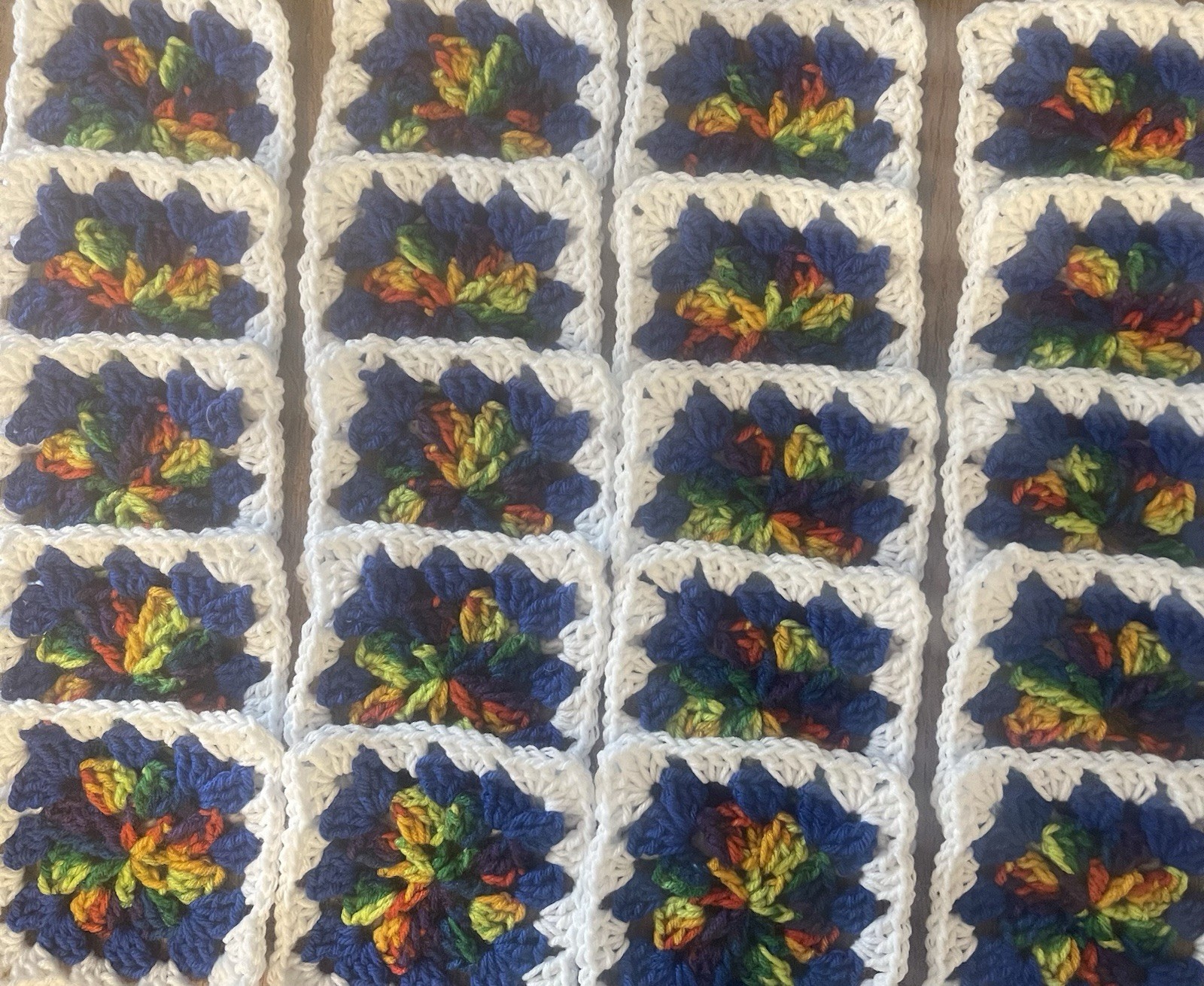 Lot Of 20 5” Hand Crochet Granny Square/Blocks Variegated Blue White Border