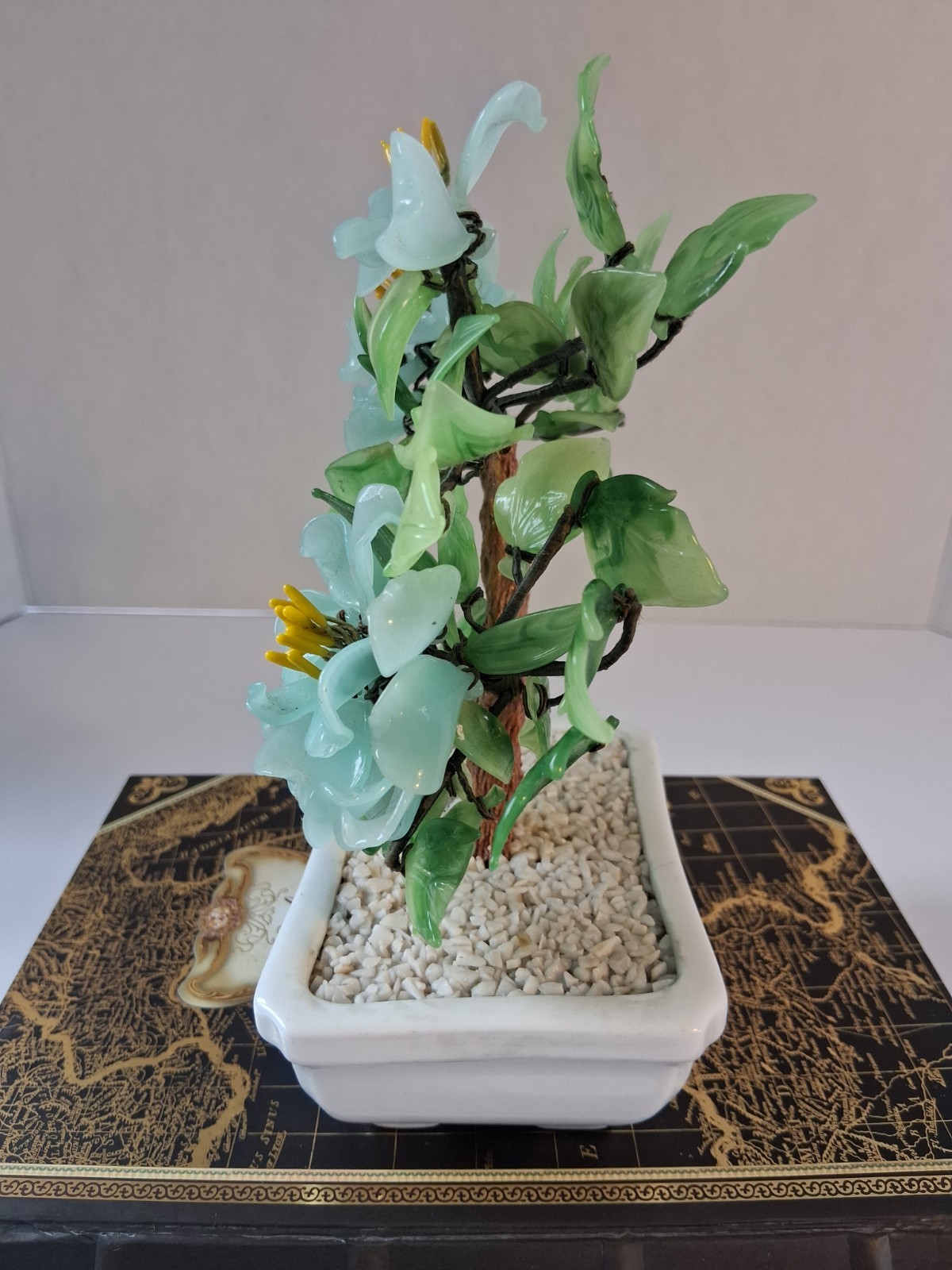 Vtg 1980’s Aqua Blue Peking Glass Blossomed & Jade-Stone Leaf Bonsai Tree; EUC!