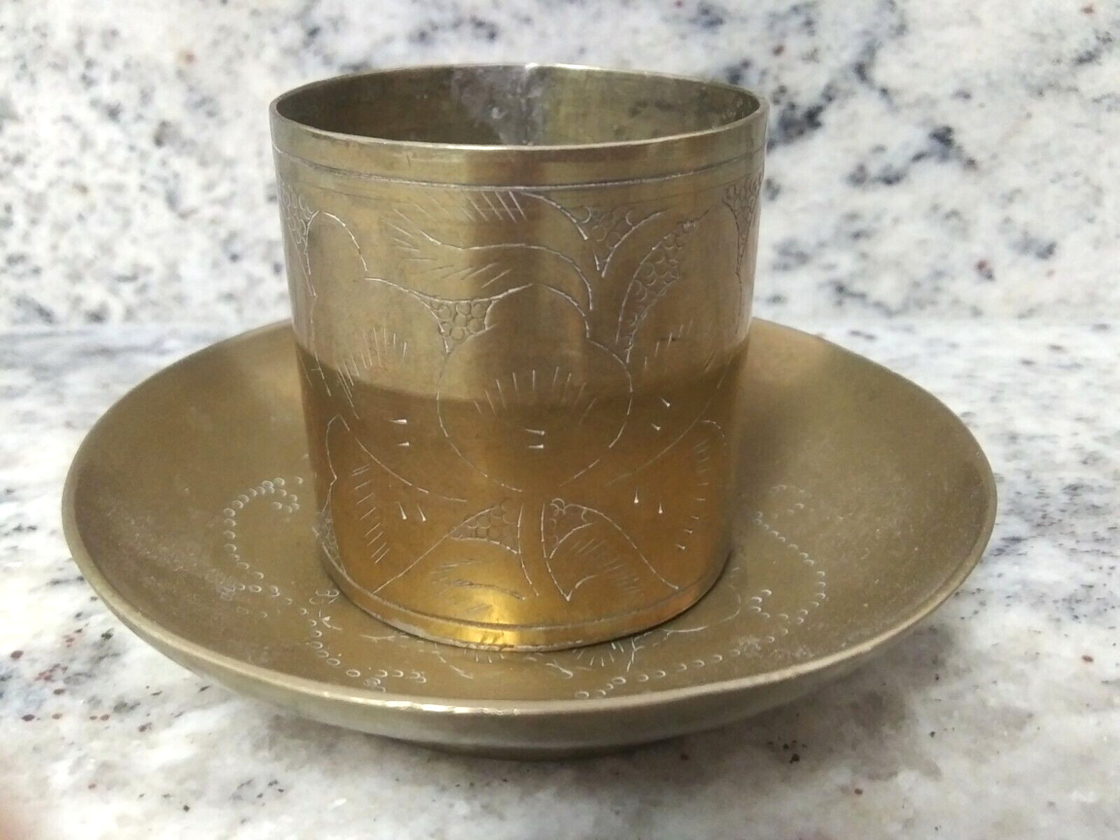 CHINA BRASS INCENSE SAKE TRINKET CUP SAUCER TRAY COPPER ENAMEL CLOISONNE ETCHED