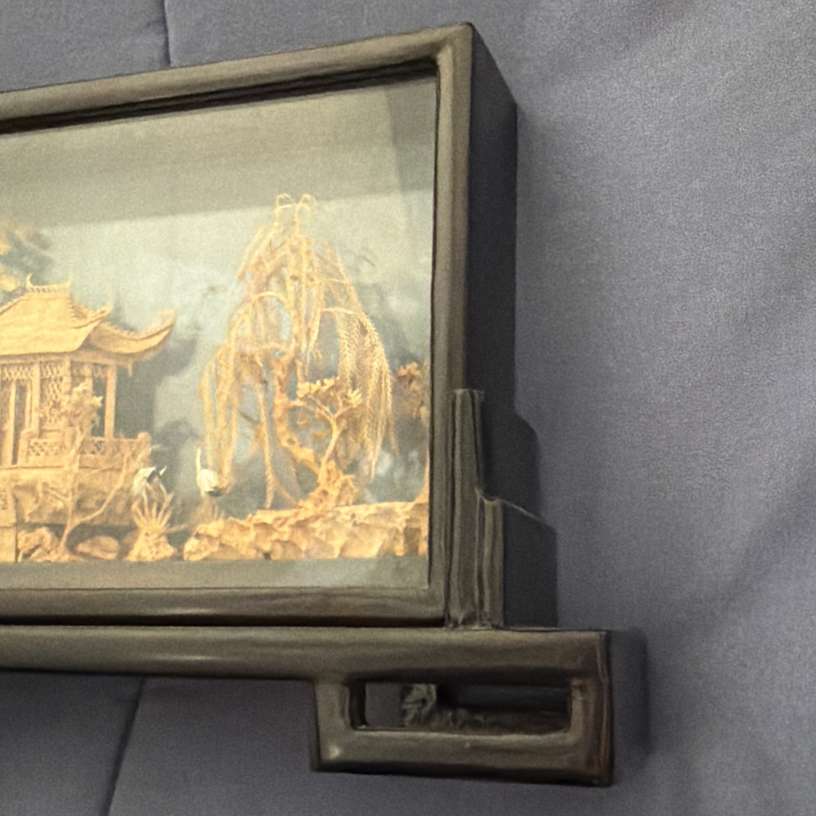 Vintage Chinese San You Cork Art Hand Carved Diorama Pagoda Cranes Trees