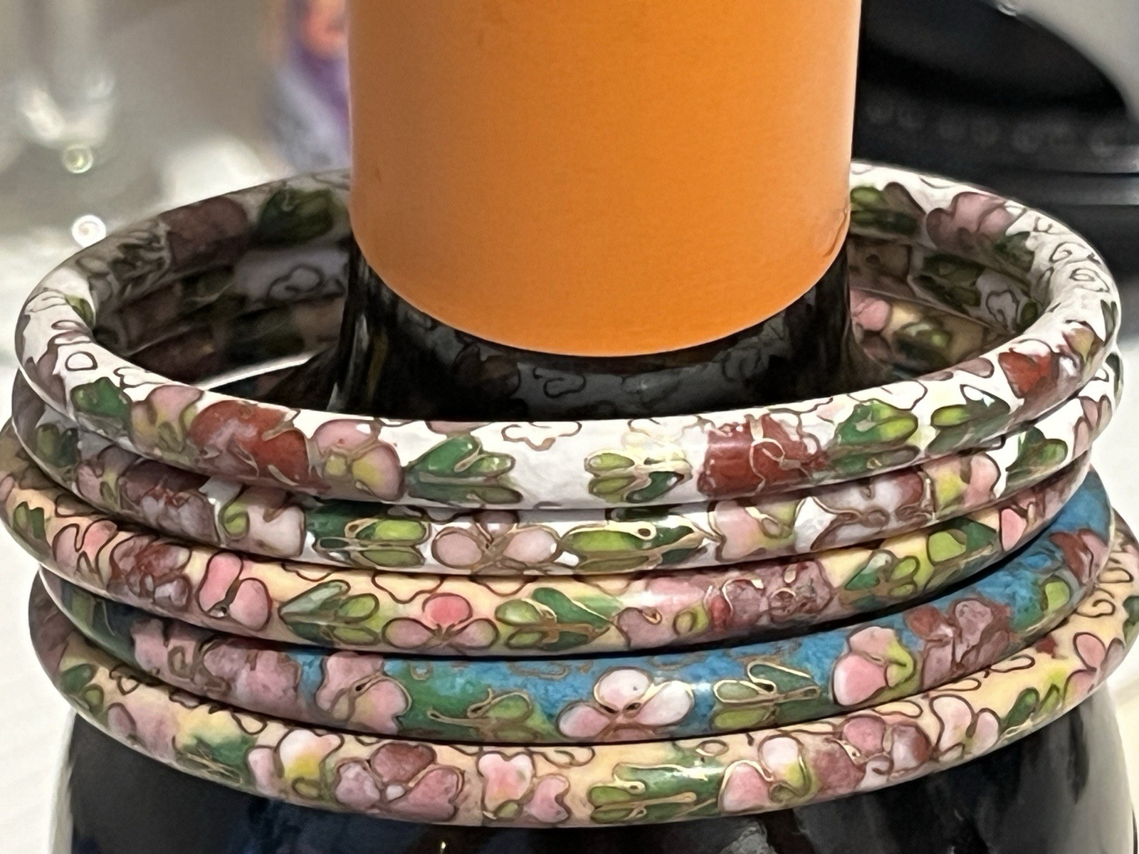 (9) Vintage c. 1987 Chinese Cloisonné Bangle Bracelets Floral Multicolor