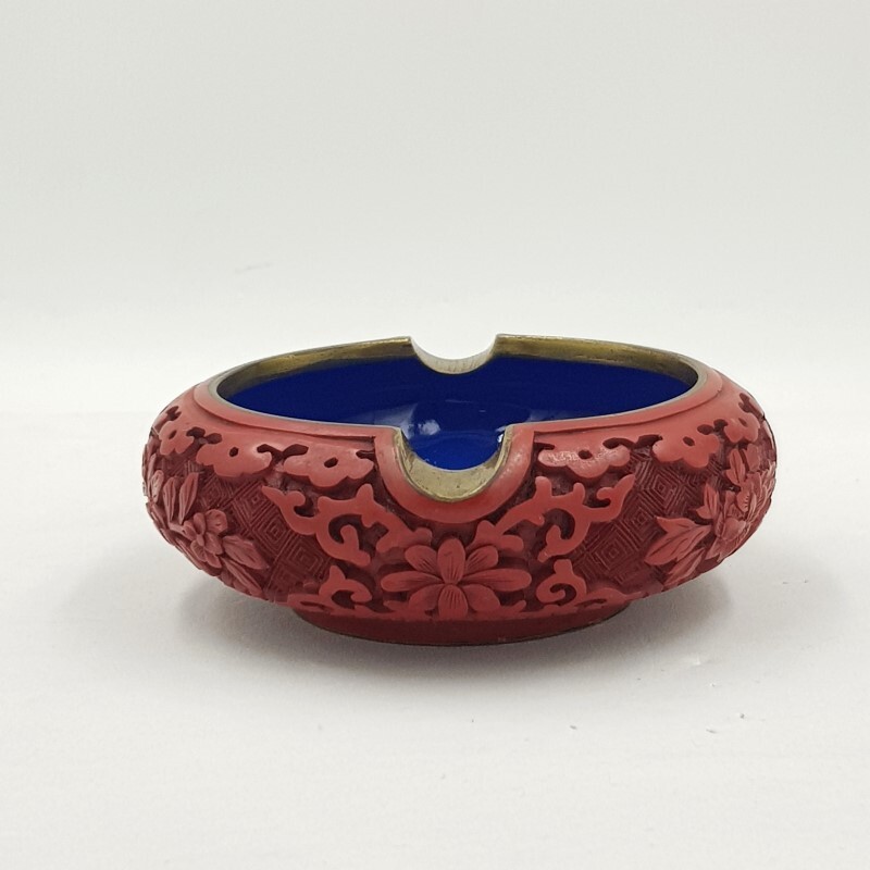 Vintage Chinese Cinnabar Lacquer Craved & Blue Enamel Brass Ashtray