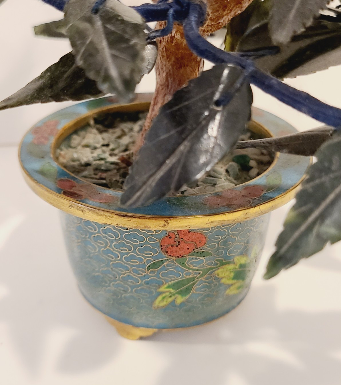 Jade Stone Bonsai Tree Cloisonne Pot Jade Quartz Peaches Cherries