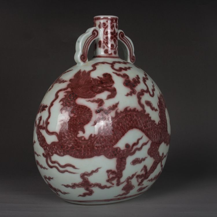 10.2″ Chinese Yuan Porcelain Red Glaze Hand Painting Animal Dragon Oblate Vase