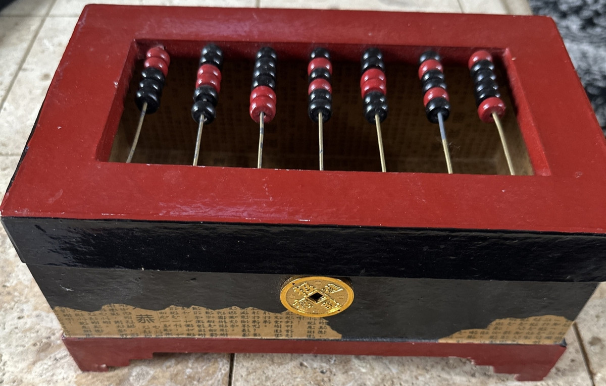 Vintage Paper Mache Made in Philippines Wooden Abacus Storage Box Wood Beads