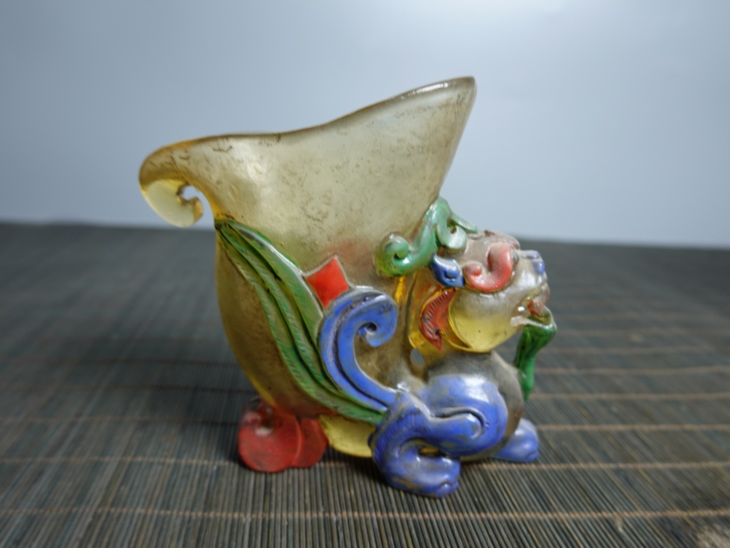 4.1″Collect Old China Coloured Glaze Painted Pixiu Beast Handle Three-legged Cup