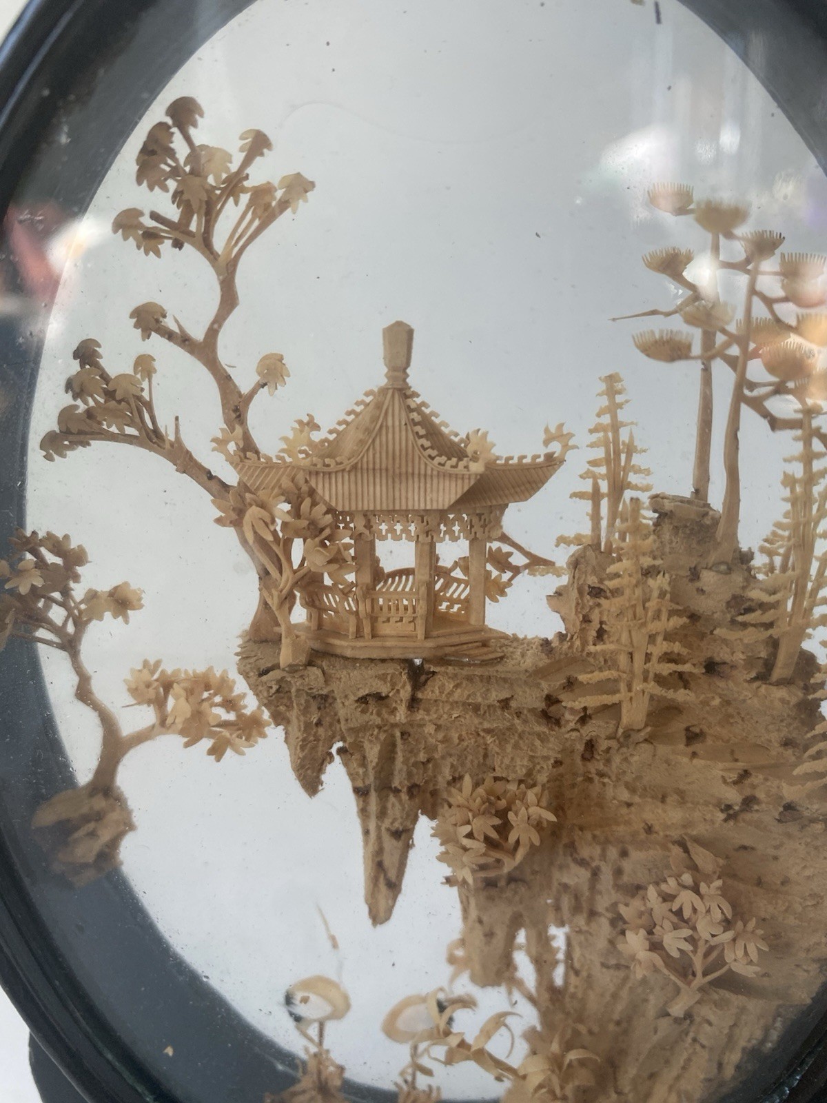 VTG Oriental Hand Carved Cork Art Diorama Pagoda Lacquer Frame Asian Chinese