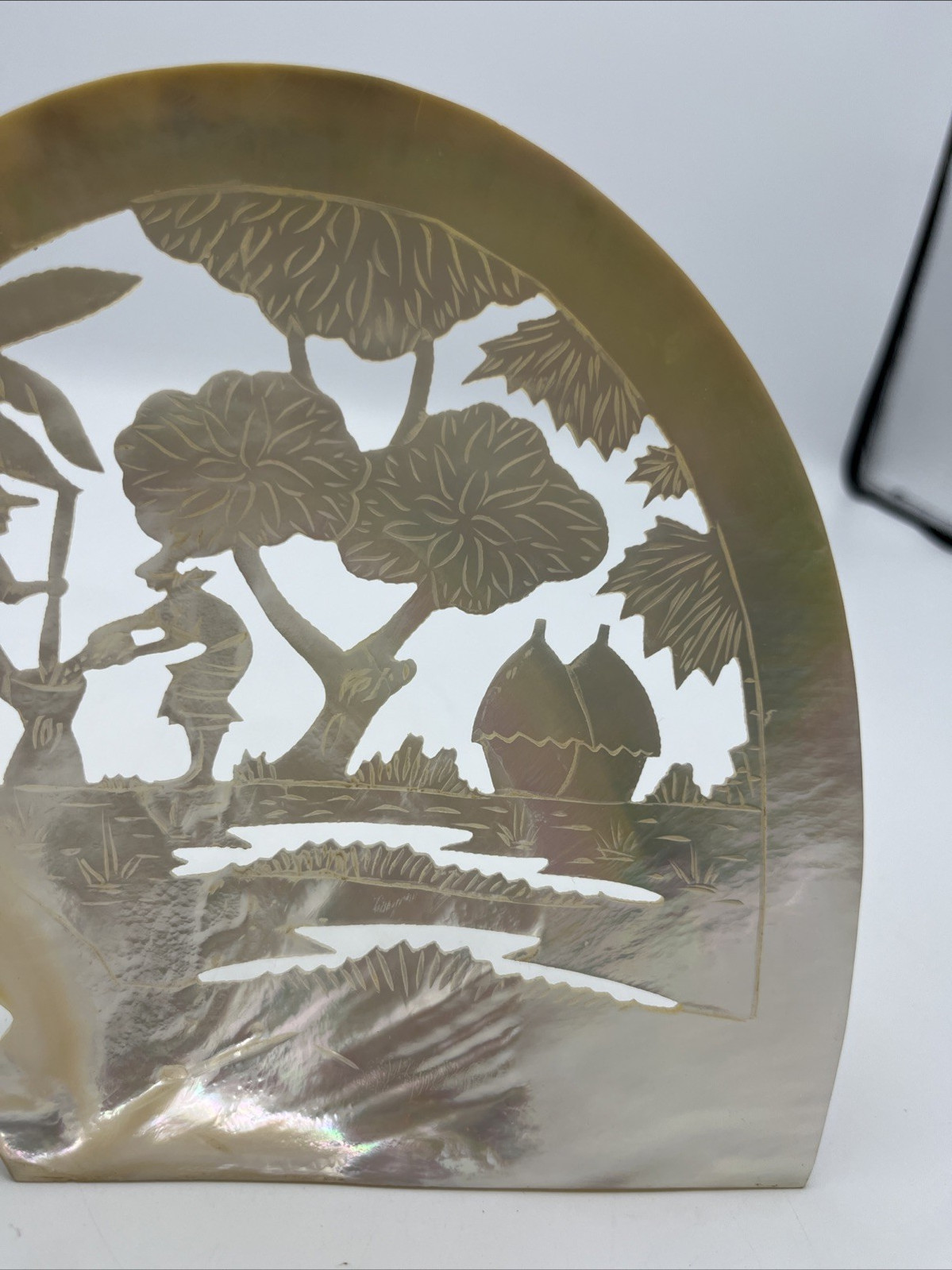 Carved Mother of Pearl Shell Asian Scene with Stand 6″ Tall