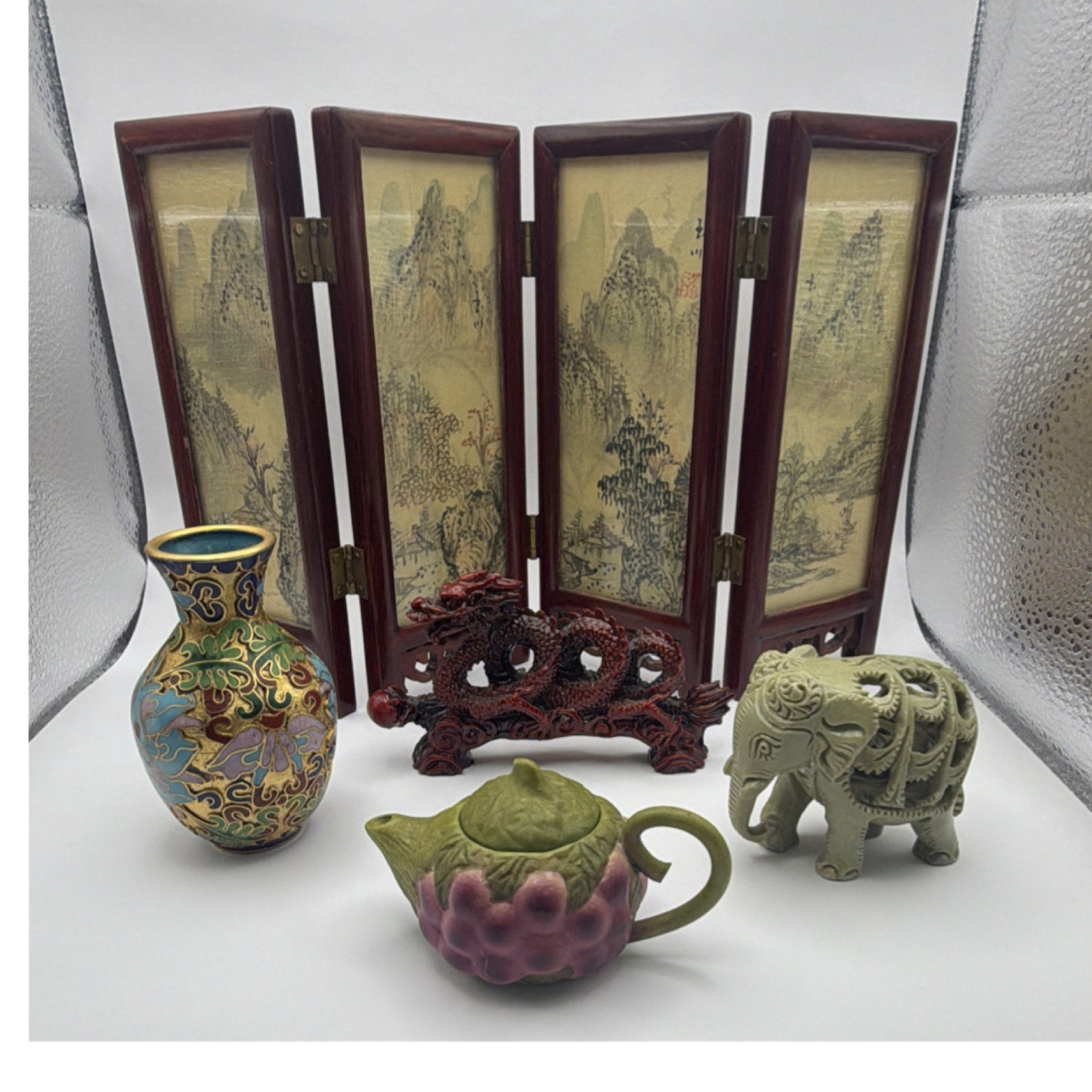 Antique Chinese Handmade Collectible Set: Vase, Teapot, Dragon, Elephant, Screen