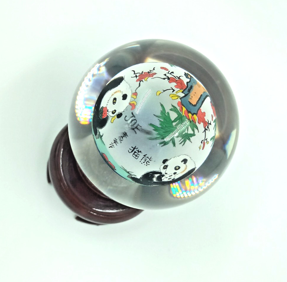 Vintage Reverse Chinese Glass Ball Pandas Paperweight Hand Painted With Stand