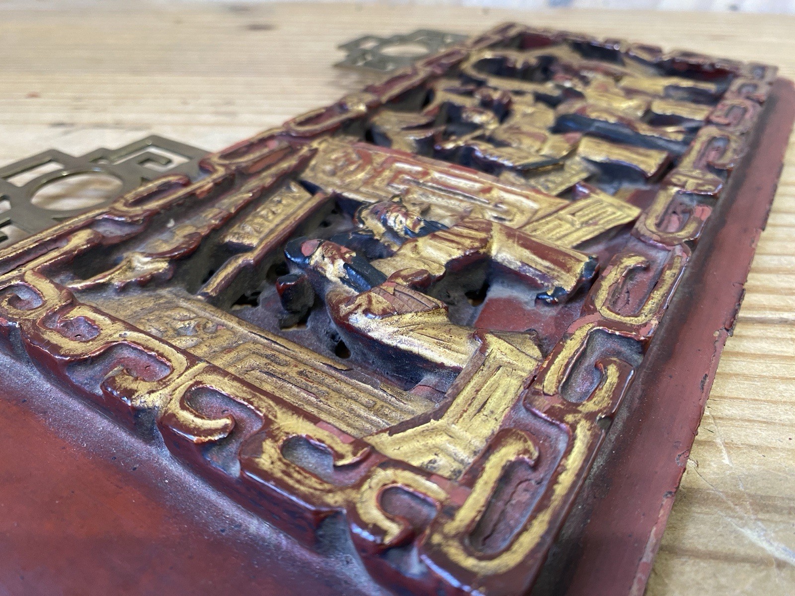 Distressed Carved Gilt Wood Chinese Panel Plaque Brass Hanger
