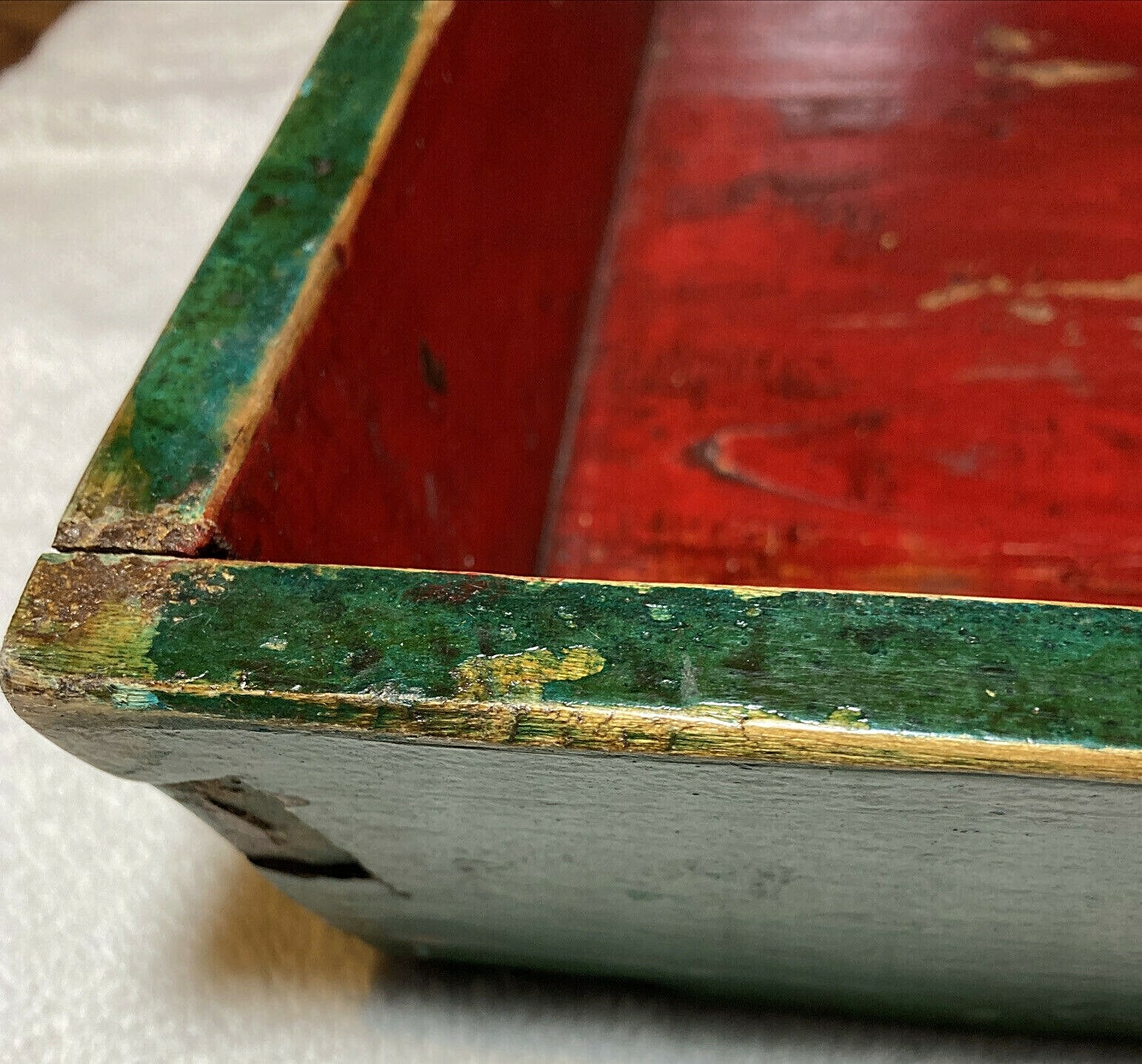 Asian / Chinese antique red green lacquer peony wood serving tray 26”