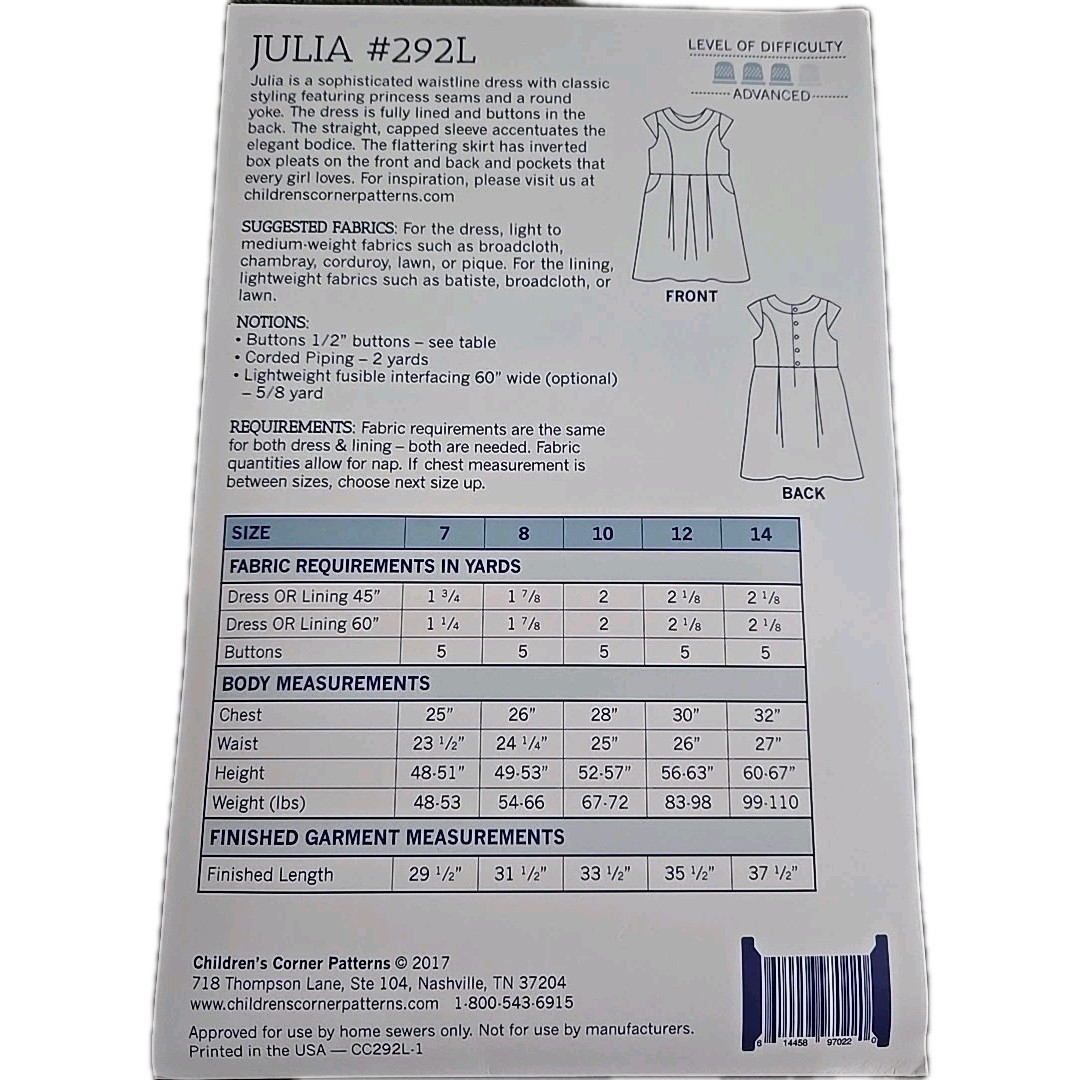 Children’s Corner Pattern 292L Girls Dress Size 7-14 Julia Uncut