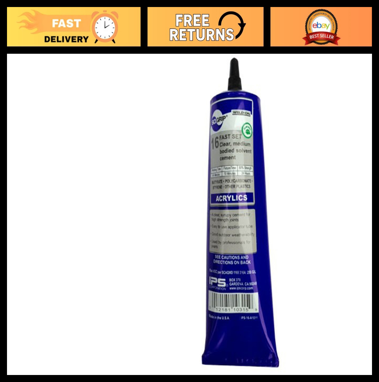 Acrylic Plastic Cement 16 oz Tube – Low-VOC, Fast-Setting, Medium Bodied, Clear