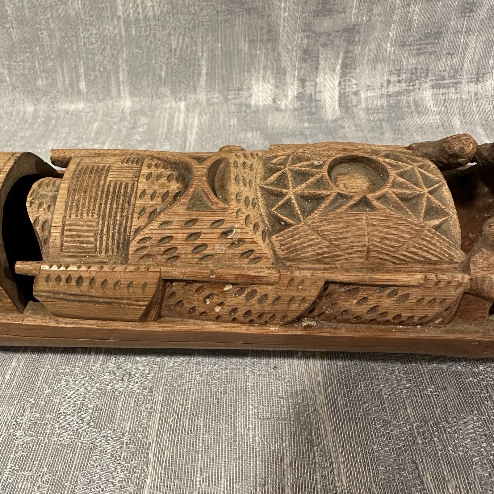 Vtg Chinese Carved Bamboo Junk Fishing Boat Copper Calligraphy Brush Tray Insert
