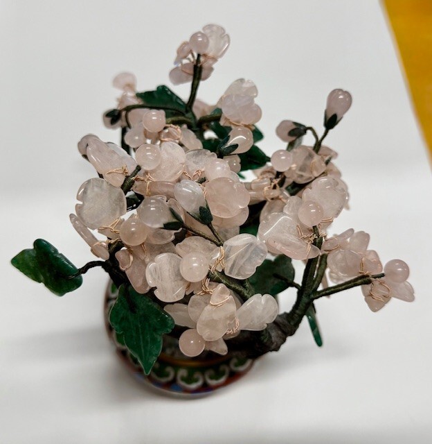 Chinese Quartz & Jade Flower Tree in Cloisonne Pot Vintage Bonzai for good luck