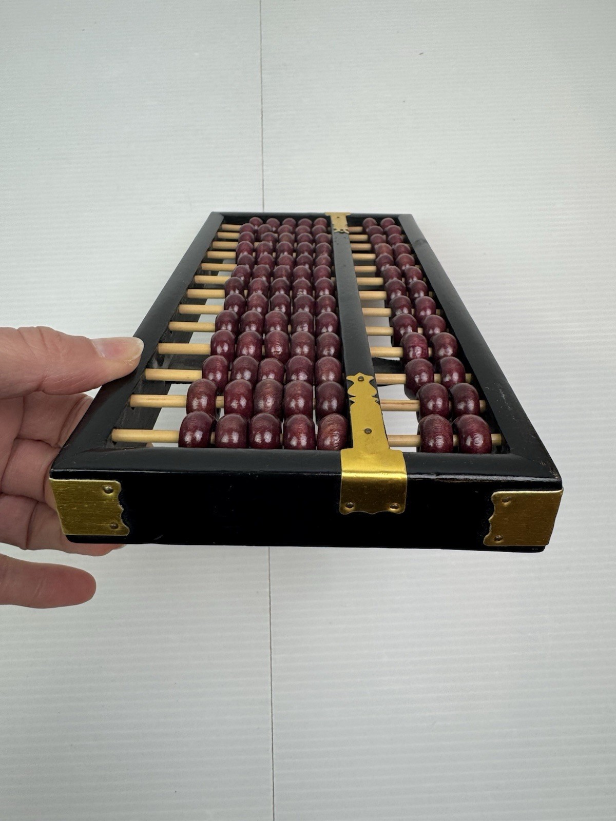 Vintage Chinese Abacus Wood & Brass Calculator 13 Row 91 Red Beads Brass Accents