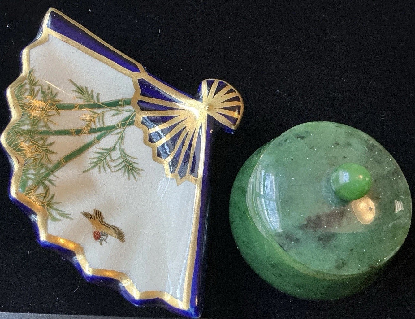 2 Piece VTG Fan Trinket Dish & Round Lidded Green Stone Jewelry Box Vanity Lot