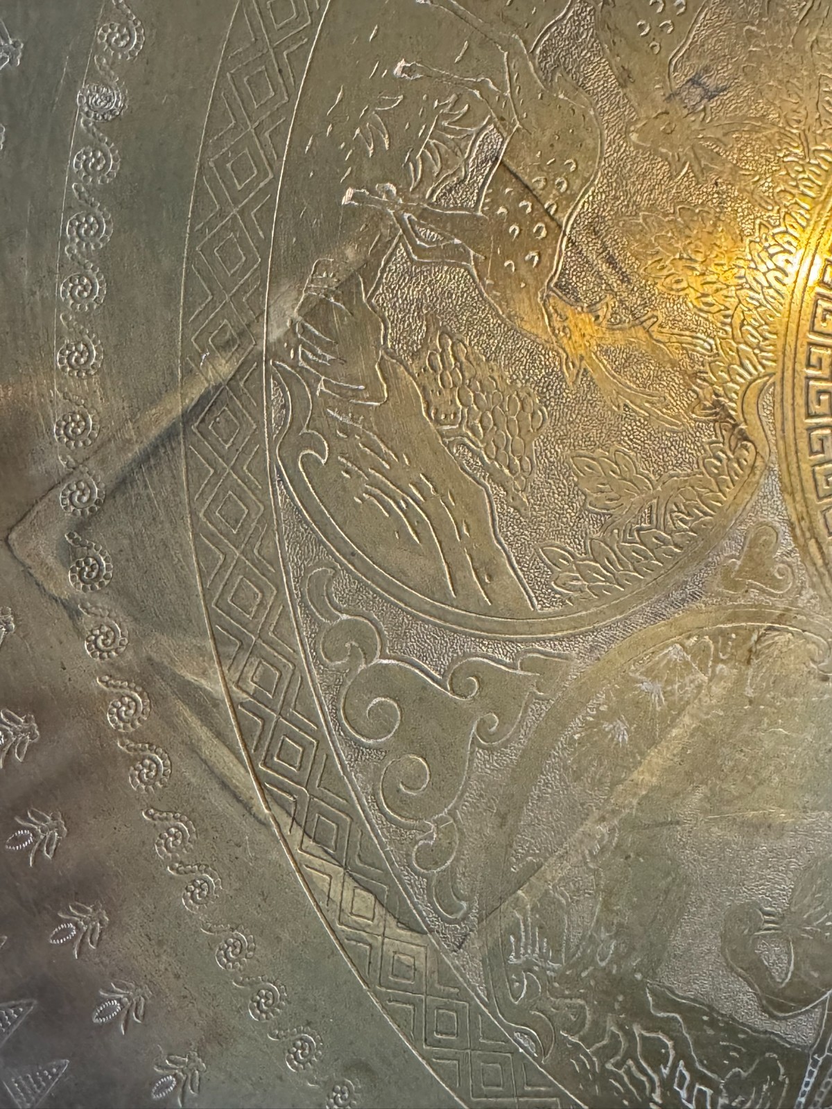 2 Vintage Chinese Heavy Tooled Motif Round Brass Tray 24″ w/ Raised Riveted edge