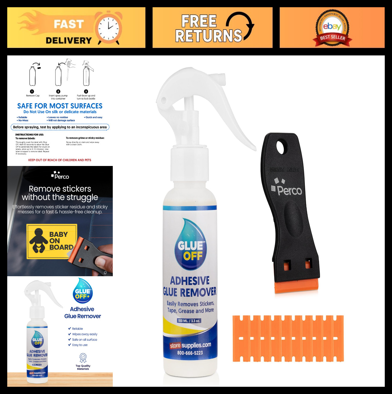 Adhesive Sticker Remover & Scraper Set – 3.3 fl. oz Glue Off with Plastic Razor