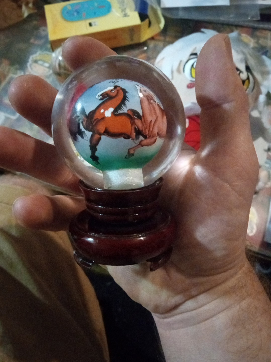 Vintage Chinese Hand Reverse Painted Glass Globe / Wooden Base Stand – 5″ Sphere