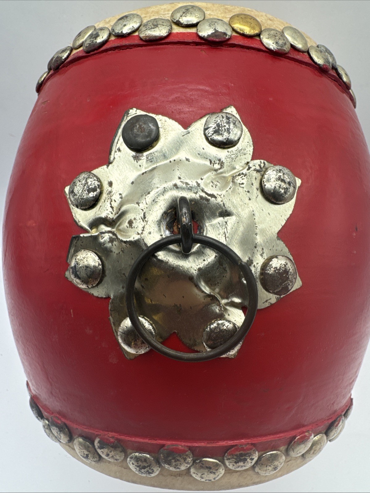 20th Century Chinese Traditional Small Red Tanggu. Wood, Cowhide, Metal 6×6 In.