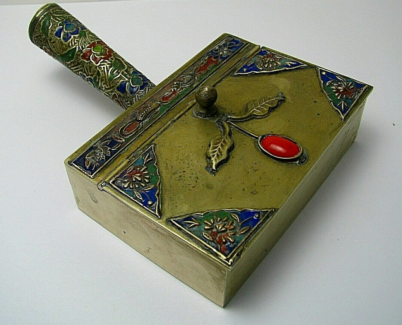 CLOISONNE ENAMEL BRASS TRAY ASHTRAY BOX SILENT BUTLER w/ CORAL Asia China c1900s