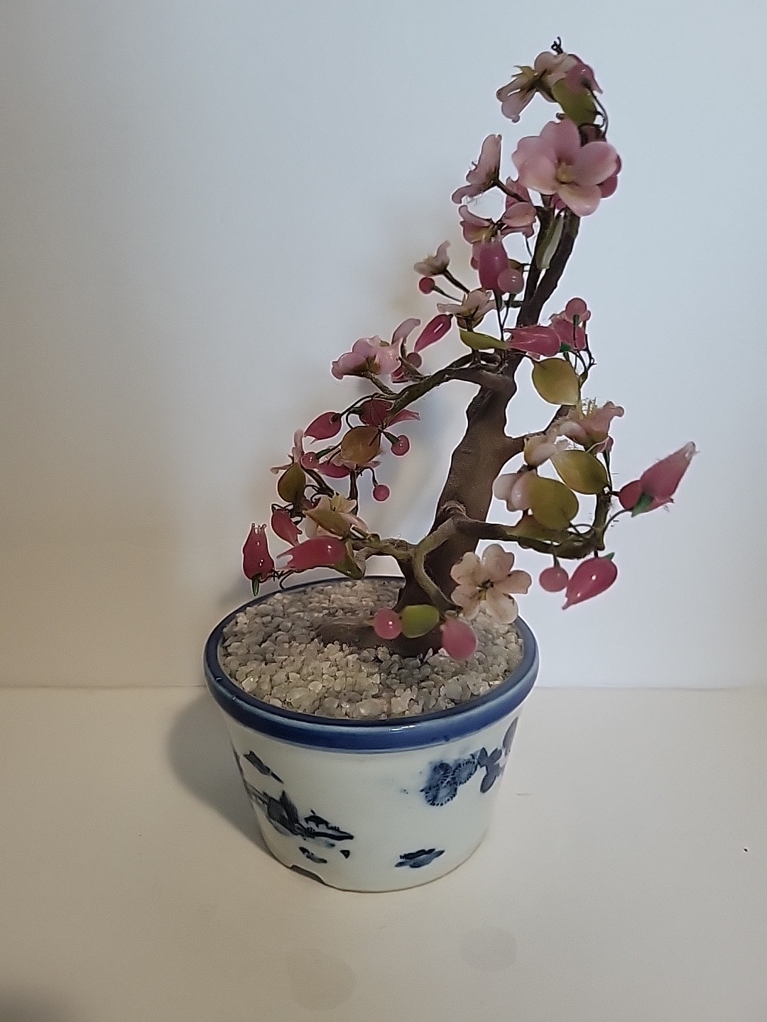 Jade & Agate Glass Cherry Blossom Bonsai Tree In Blue & White Ceramic Pot