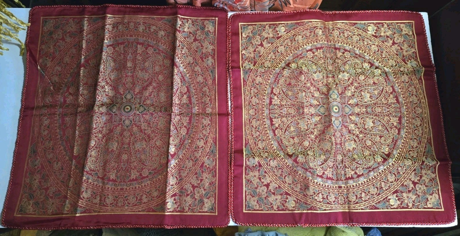 SET OF 2 Vintage Chinese Silk Brocade Pillow Covers – Red Gold Mandela – 20″