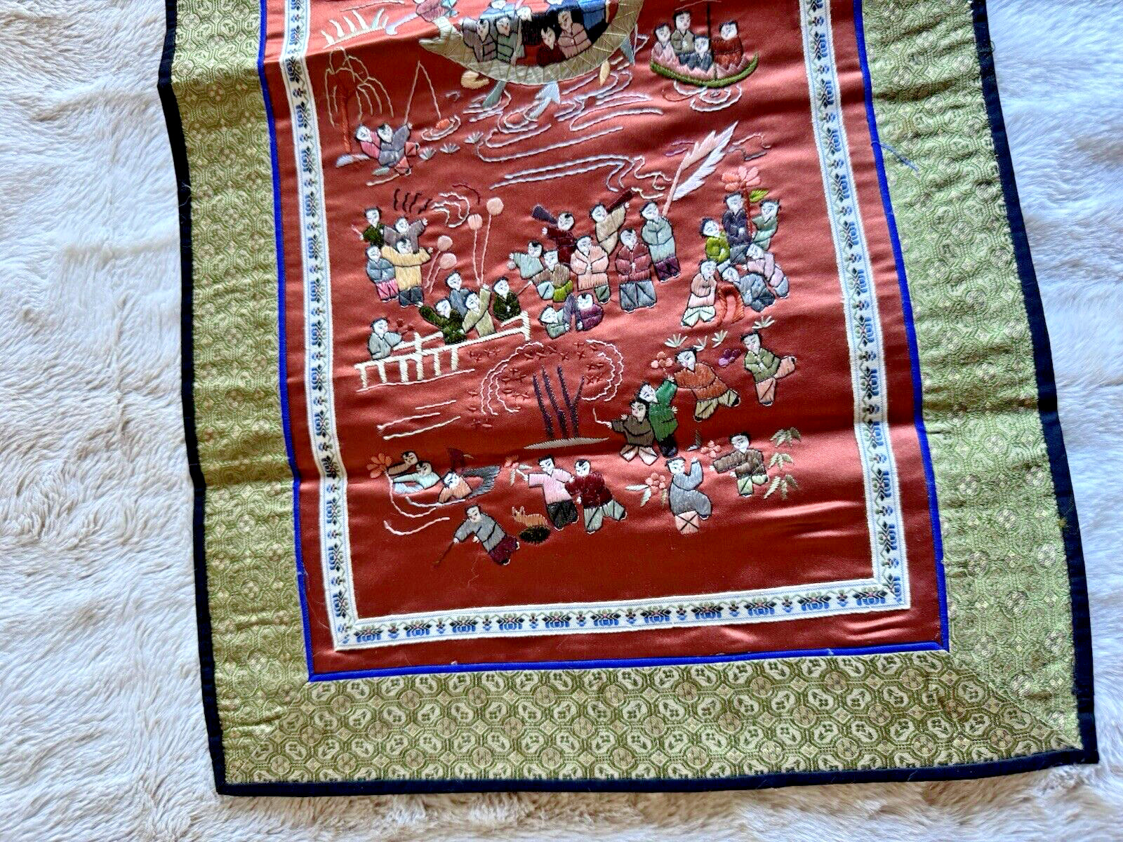Vintage 26″ x 13″ Chinese Silk Embroidery “100 Children Playing” unframed EUC