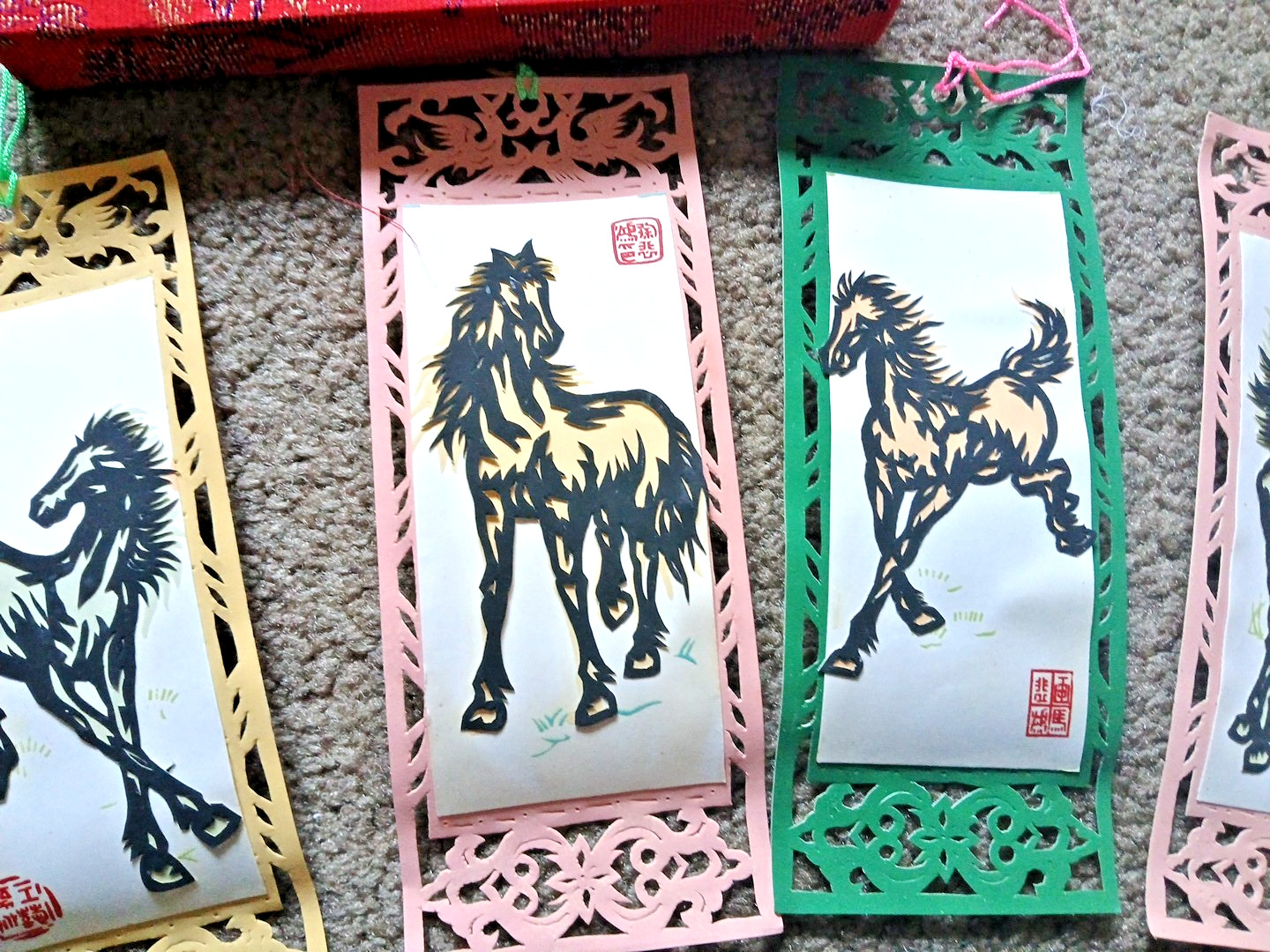 6 VTG CHINESE PAPER BOOKMARKS CUTOUTS HORSES NOS OPENWORK ORIGINAL FABRIC BOX
