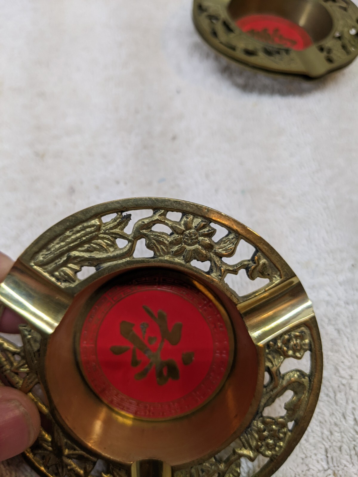 Vintage Chinese Brass Red Enamel Shou Long Life Ashtray Phoenix Birds 3.25″ Set