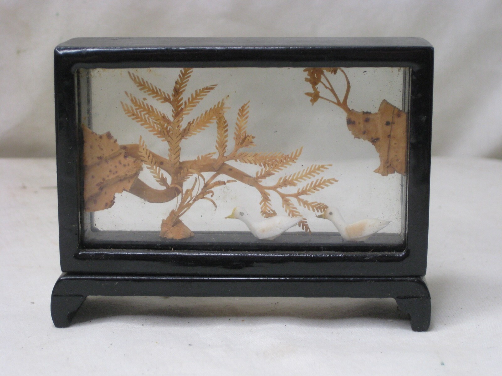 small vintage Chinese cork 2 birds nature scene Asian Oriental crane art
