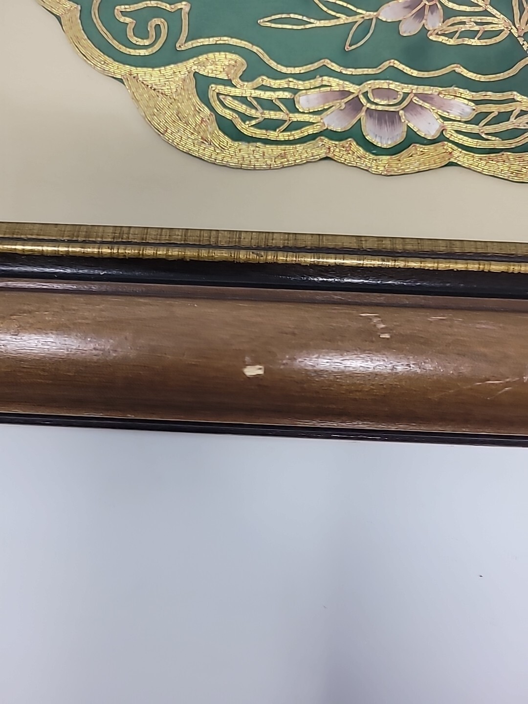 Two Framed Vintage Golden Cloud Green Chinese Hand Embroidered Panel