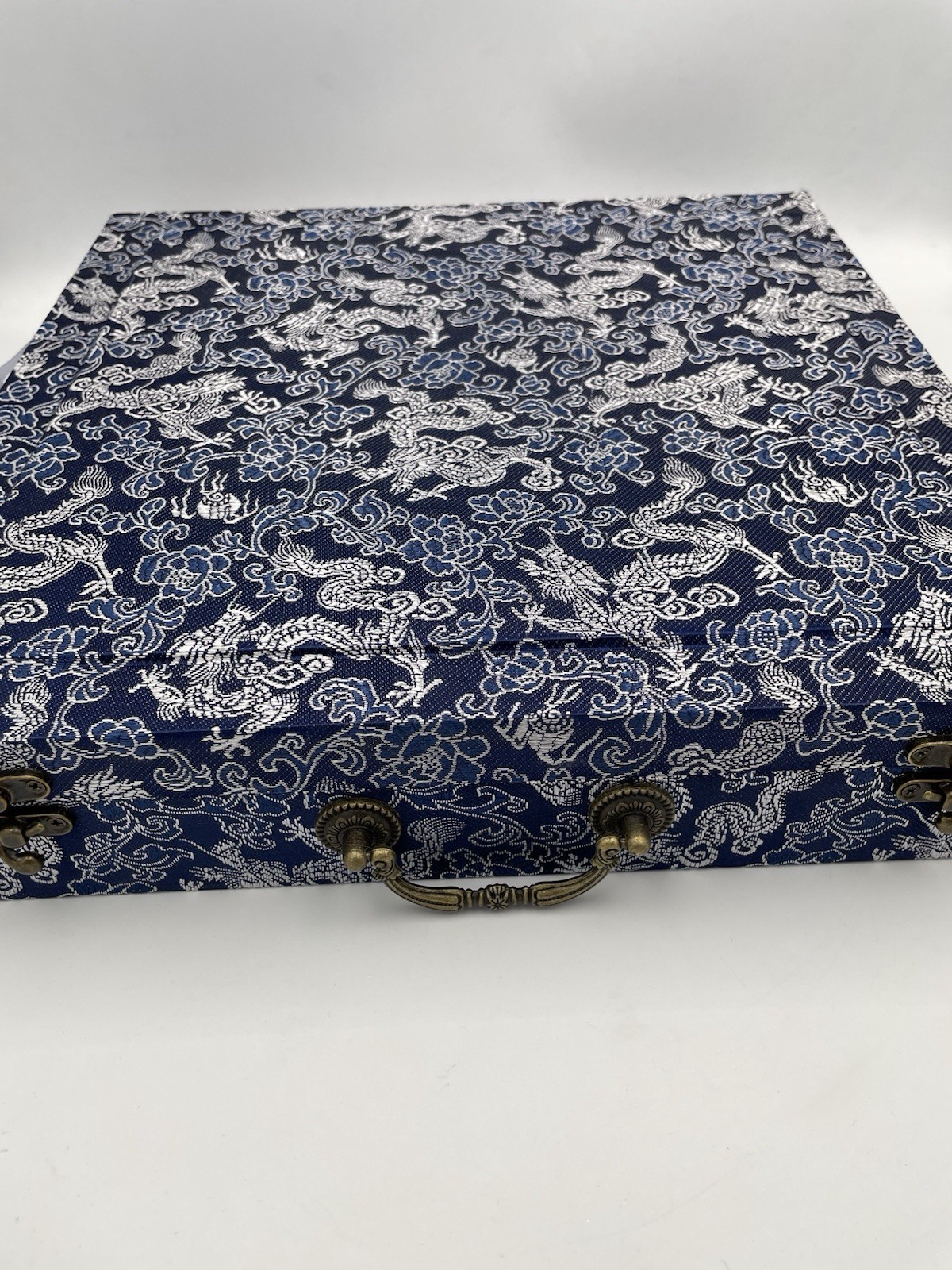 Chinese Brocade Fabric Case Box Replacement Blue Dragon Empty