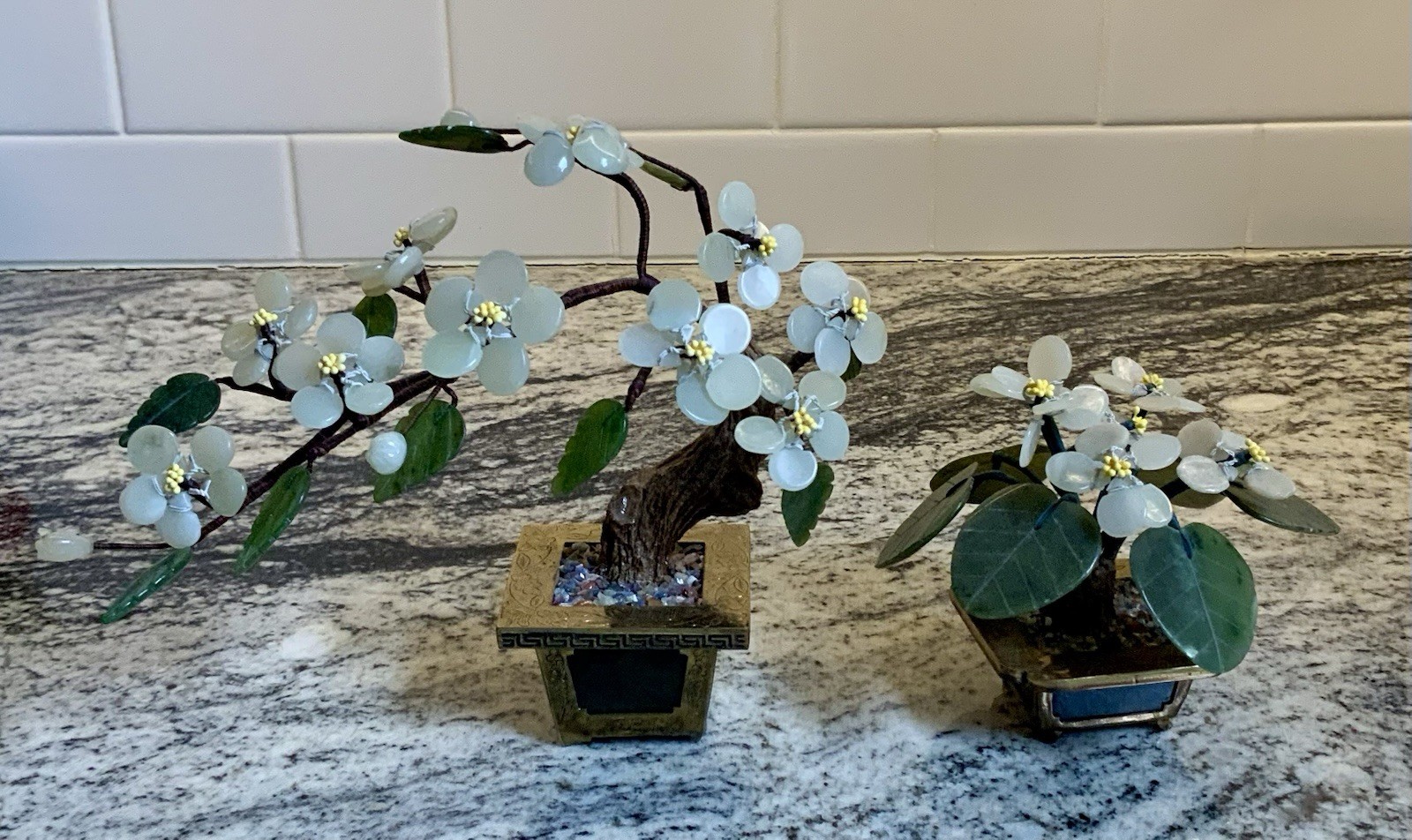 TWO Small Vintage Carved Jade Bonsai Trees Hong Kong