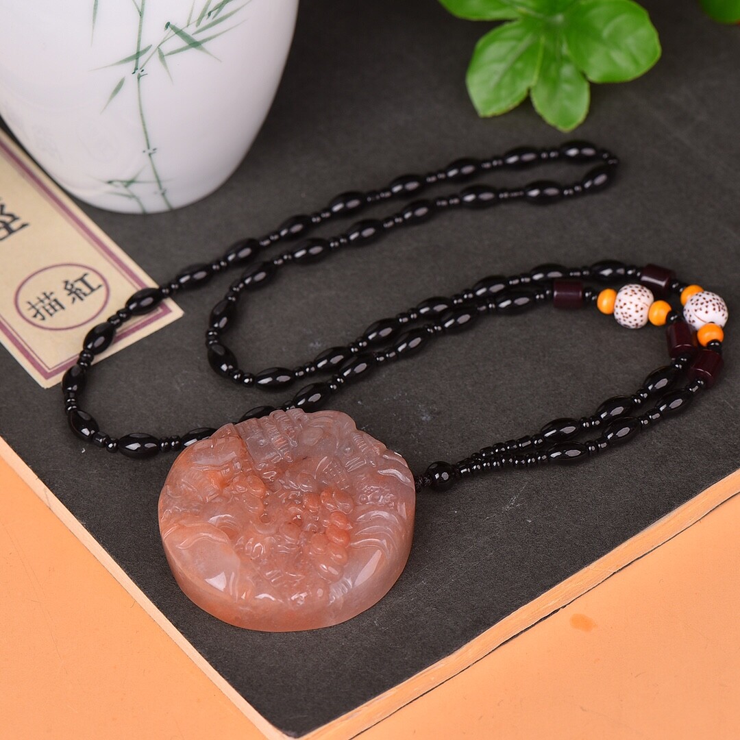 China Jade Hand Carving Mountain Village Beautiful Scenery Pendant金丝玉